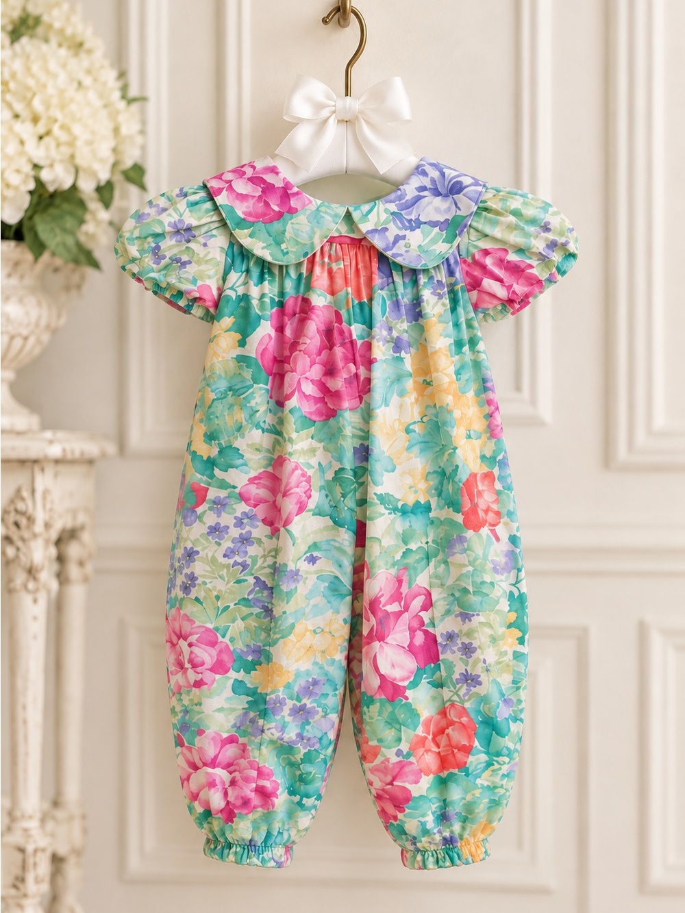 Vintage Floral Cotton Baby Romper Jumpsuit Bubble Peter Pan Collar Pink & Green